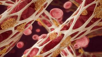 Close examination reveals blood cells intertwined with golden metal particles, highlighting the potential for rejuvenation and youth in biological systems. photo