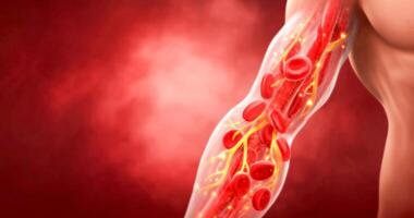 A close-up view of a human arm showcasing vibrant blood cells flowing through transparent vessels. The setting suggests themes of youth and rejuvenation, highlighted by glimmers of gold. photo