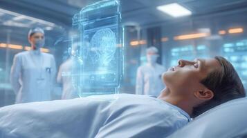 A young patient rests in a modern facility as staff monitor a holographic display of cellular activity and blood analysis, exploring rejuvenation techniques for youth. photo