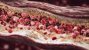 Visual representation shows blood cells flowing through a vessel, intermixed with gold particles. This scene illustrates the concept of rejuvenation and youth through a unique blend of elements. photo