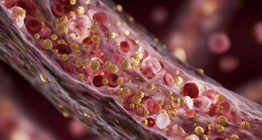 A close-up view reveals the dynamic interaction between vibrant blood cells and shimmering gold particles, symbolizing rejuvenation and the quest for youthful vitality within the bloodstream. photo