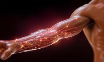 A close-up view reveals an animated arm with glowing veins, showcasing blood circulation intertwined with metallic elements symbolizing youth and rejuvenation. Vibrant energy pulses throughout. photo