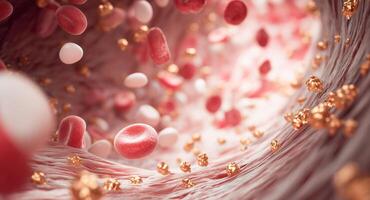 Within a vibrant environment, red and white blood cells flow freely among shimmering particles resembling gold. This captivating abstract moment symbolizes youth and rejuvenation at a cellular level. photo