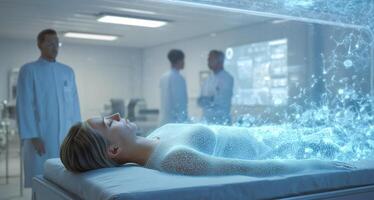 In a high-tech laboratory, a young person lies on a table surrounded by glowing particles. photo