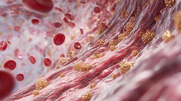 This visual showcases red blood cells interacting with golden metallic particles in a vibrant biological setting. The scene symbolizes rejuvenation and youthfulness, emphasizing innovation in health. photo