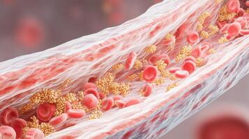 A close view of red blood cells flowing through a vessel infused with gold particles, showcasing their potential role in rejuvenation therapies. photo