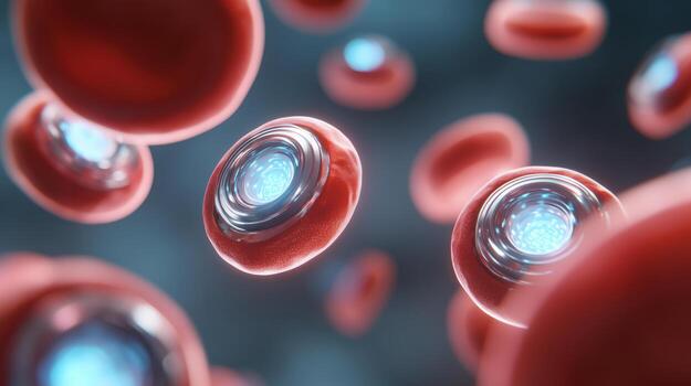 The visuals display blood cells with metallic attributes, emphasizing the theme of rejuvenation and youth. This intricate depiction highlights the dynamic nature of cellular rejuvenation processes. photo