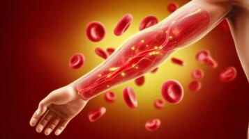 A close-up view of an outstretched arm showcasing red blood cells in motion. The focus is on the veins and the connection between blood and renewal, highlighting themes of vitality and rejuvenation. photo