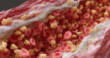 Close examination reveals a vibrant landscape of blood cells intertwined with shimmering gold particles, illustrating the concept of rejuvenation. This striking visual emphasizes youth and vitality. photo