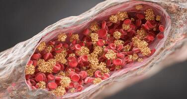 Red blood cells flow within a vessel, surrounded by shimmering gold particles symbolizing rejuvenation. photo