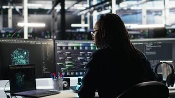 Vertical Irked data center admin raging because of malfunctioning node tree software analyzing datasets. Irascible server hub worker exasperated by visual programming tools not improving performance, camera B video