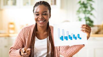 Work From Home. Cheerful African Financial Councelor Woman Showing Financial Reports At Camera, Smiling Black Lady Demonstrating Economical Graphs And Charts, Making Virtual Presentation, Free Space photo