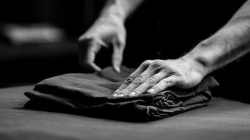 A person is carefully folding clothes on a flat surface, ensuring each piece is neat and organized. photo