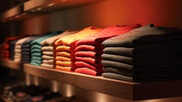 Shirts in various colors are neatly arranged on wooden shelves, creating a vibrant display. photo