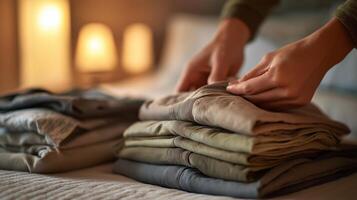 A person organizes clothes on a bed under soft, warm light in a cozy space. photo