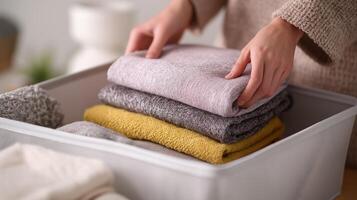 A person arranges neatly folded towels in a storage bin, creating a tidy living space. photo