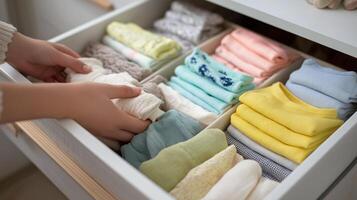 Hands neatly arrange colorful folded clothes in a drawer, showcasing organization skills. photo