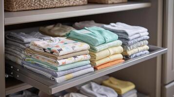 Brightly colored clothing is neatly folded and organized on shelves in this tidy storage area. photo