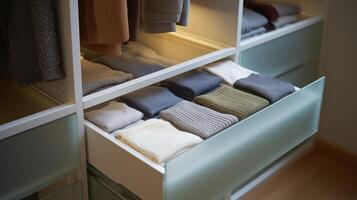Drawers display a variety of folded sweaters in an organized closet, showcasing modern style. photo