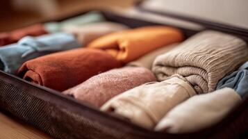Clothes are carefully folded and arranged in a suitcase, ready for a short trip during autumn. photo