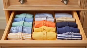 A drawer displays neatly organized, colorful folded shirts in various shades and patterns. photo