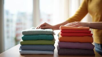 A person carefully stacks and organizes a variety of colorful clothing items on a table. photo