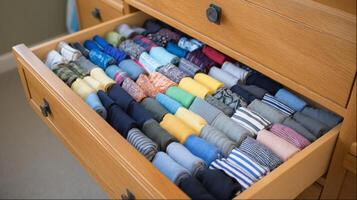 Drawer showcases a variety of neatly folded shirts, showcasing diverse colors and patterns. photo