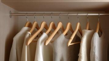 Neatly arranged clothes on wooden hangers in a stylish, simple closet. photo