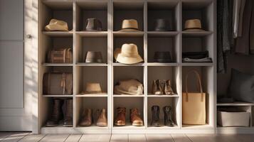 A tidy storage unit showcases hats, shoes, and bags in an organized display. photo