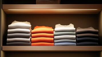 Various colored clothing items are neatly organized on a shelf in a stylish store display. photo