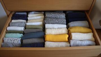 Neatly folded clothes in a drawer demonstrate efficient organization and color coordination. photo