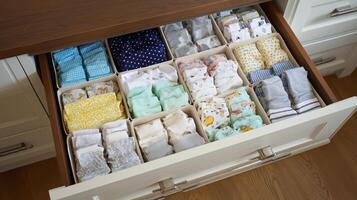 A drawer showcases an array of neatly organized baby socks in soft colors and patterns. photo