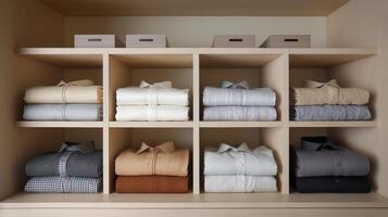 Closet features organized shelves with neatly folded shirts and matching storage boxes on top. photo