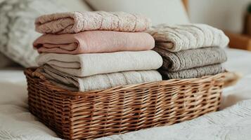 A wicker basket holds folded sweaters in various soft colors placed on a neatly arranged bed. photo