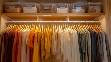 A well-organized closet with shirts hanging in warm tones and storage bins holding linens. photo