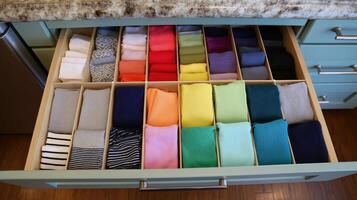 A kitchen drawer shows an organized collection of folded socks in different colors and patterns. photo