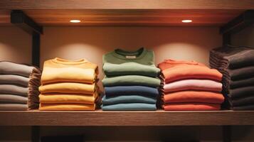 Colorful folded sweaters are neatly stacked on shelves at a clothing store. photo