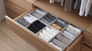A drawer is open, revealing neatly folded clothing in various colors and patterns arranged orderly. photo