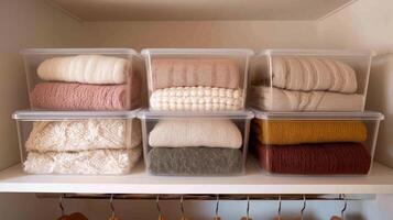Cozy blankets neatly folded and stored in clear containers on a shelf, showcasing organization. photo