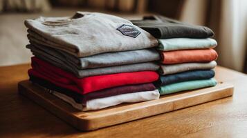 Shirts of various colors and styles are stacked orderly on a wooden tray in a warm environment. photo