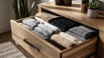 A wooden dresser drawer showcases neatly folded clothes in various colors and textures. photo