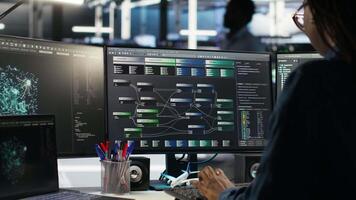 Angry server farm engineer frustrated by node tree systems unable to categorize unstructured data. Mad data center worker punching desk, annoyed by bugged visual programming software, camera B video