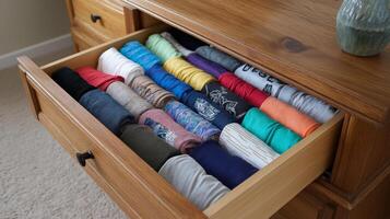A well-organized drawer showcases neatly rolled t-shirts of various colors, promoting tidy storage. photo