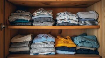 A wooden wardrobe displays shelves filled with neatly folded shirts and sweaters in various colors. photo