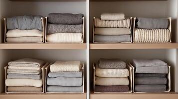 Soft towels and blankets are neatly folded on wooden shelves for an organized appearance. photo