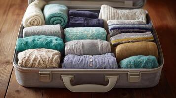 Clothes are organized and neatly folded in a suitcase for an upcoming trip. photo
