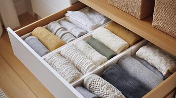 Towels and linens are arranged in a drawer, showcasing a tidy and organized home interior. photo