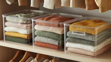 Neatly folded sweaters in clear bins on wooden shelves create a cozy, organized wardrobe. photo