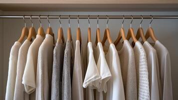 Shirts and sweaters in various white shades hang neatly in a modern closet space elegantly arranged. photo