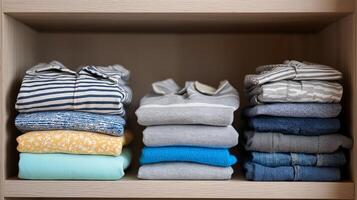 Clothes in various colors and patterns are stacked neatly on a shelf in a tidy room. photo